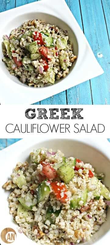 Greek Cauliflower Salad! A delicious alternative to the rice filled versions! #lowcarb, #saladrecipes