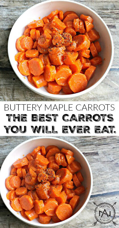 Buttery Maple Carrots are an easy to make, healthy paleo side dish or snack. Also the best carrots you will ever eat! Make them as a simple side for a Sunday roast or Thanksgiving Turkey! #paleo, #side