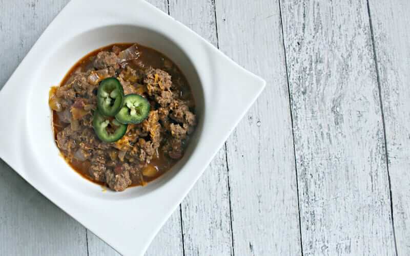 overhead shot of a plate of easy healthy chili made with grass-fed ground beef and no beans