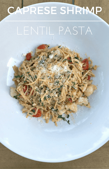 I love pasta even more than usual when it’s got protein and is lower in carbohydrate like this Caprese Shrimp Lentil Pasta recipe! #glutenfree, #pastarecipes
