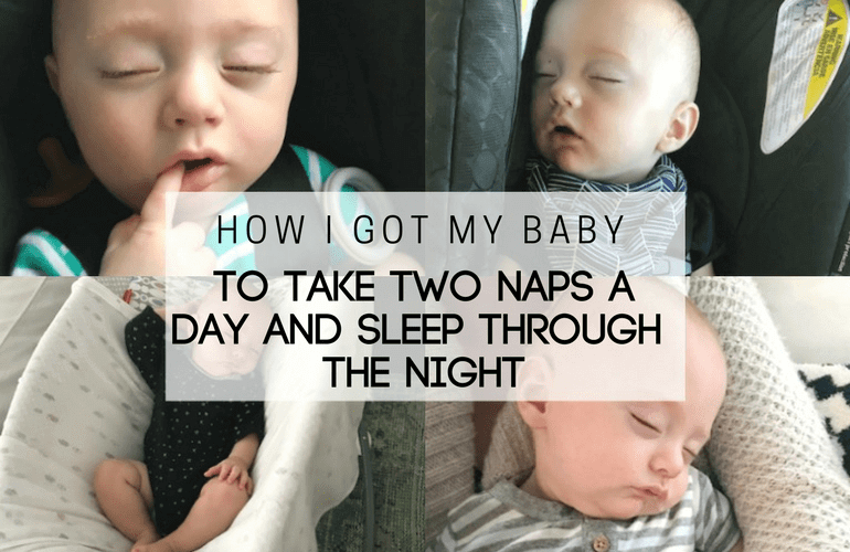 collage of four pictures of a small baby sleeping, separated with a text box saying How I got my baby to take two naps a day and sleep through the night