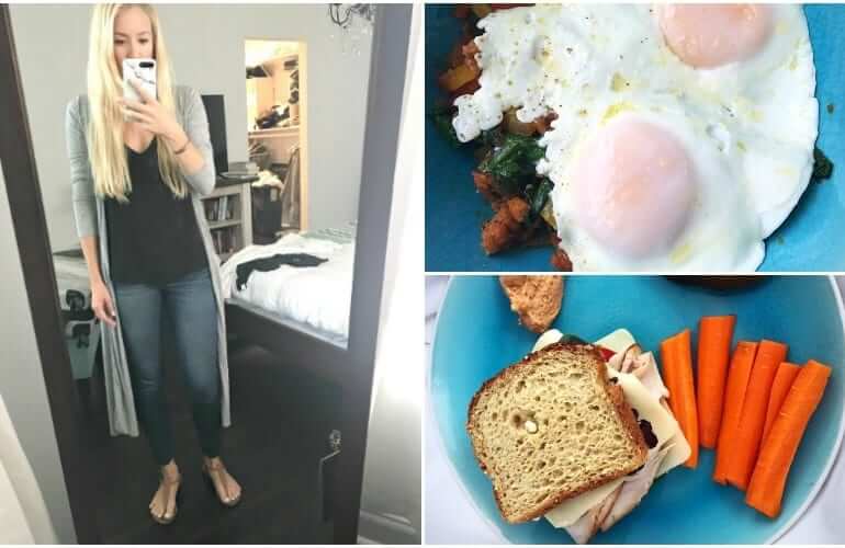collage of three pictures, one of a woman taking a mirror selfie, one of two eggs over easy arranged over sliced potato hash, and one of a small sandwich and sliced carrots on a plate