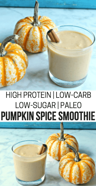 This high-protein Pumpkin Spice Smoothie is a creamy, delicious treat that feels like you’re having dessert despite the fact that this autumnal smoothie actually has no sugar. It’s also paleo, dairy-free, low-carb and Whole30 safe. It’s the absolute perfect snack. #pumpkinspice, #paleorecipes