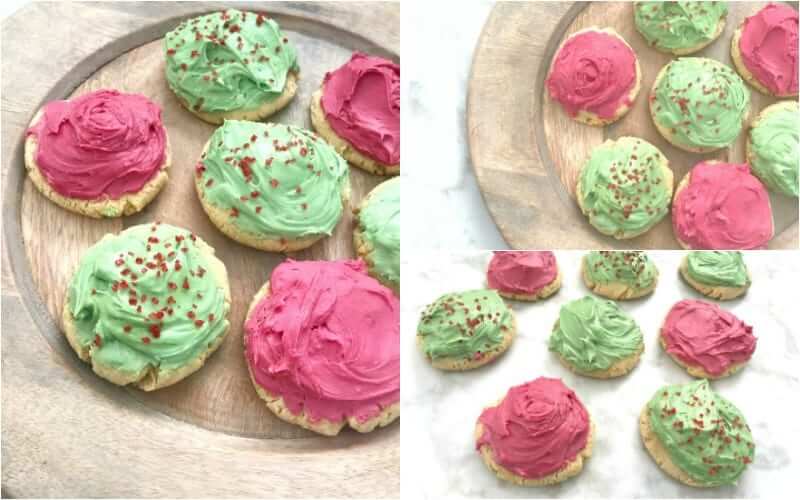 collage of three pictures of seven frosted cookies on a plate, with one picture portraying them on a white marble counter