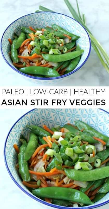 These easy Asian Stir-Fry Veggies are the perfect low carb and paleo side! Garlic and ginger are great for the digestive system and have numerous gut health benefits, cabbage is a cruciferous vegetable that fights against cancer, carrots are rich in beta carotene and loaded with antioxidants. Simple yet delicious! #stirfry, #lowcarb