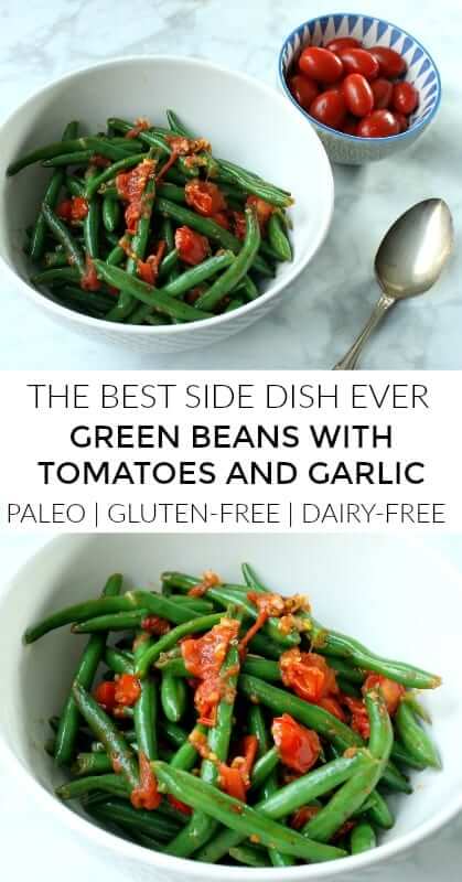 These green beans with garlic and tomatoes are a healthy side dish that’s seriously delicious. The three just pair so perfectly together and cooking them in garlic ghee makes them even better. Yes, GARLIC GHEE. It’s so insanely good. #paleo, #lowcarb