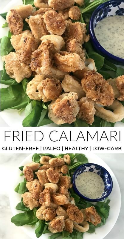 Fried Calamari (Gluten-Free, Paleo, Healthy) | It’s super easy to make DELICIOUS crispy fried calamari that’s gluten-free, paleo, healthy and just as good (if not better) than any restaurant version. Lots of protein in the calamari and good fat from the coconut oil. Also – it’s really cheap to make this restaurant-style appetizer at home. #paleo, #appetizer