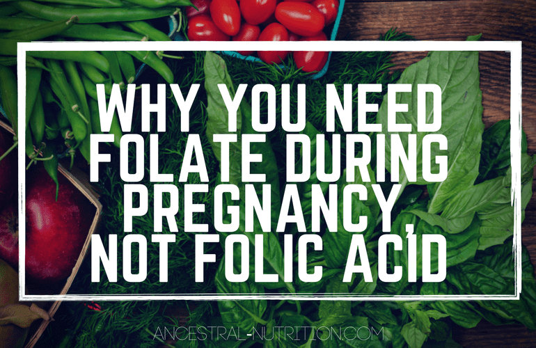 assorted vegetables on a dark wood table, with the overlaying text: Why you need folate during pregnancy, not folic acid