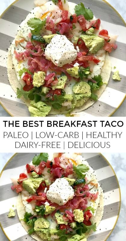 I am deeply in love with this paleo breakfast taco. It’s low-carb, healthy, gluten-free and DELICIOUS. It’s easy to throw together in the AM, it’s full of fiber, protein, probiotics healthy fats.#paleo, #breakfast