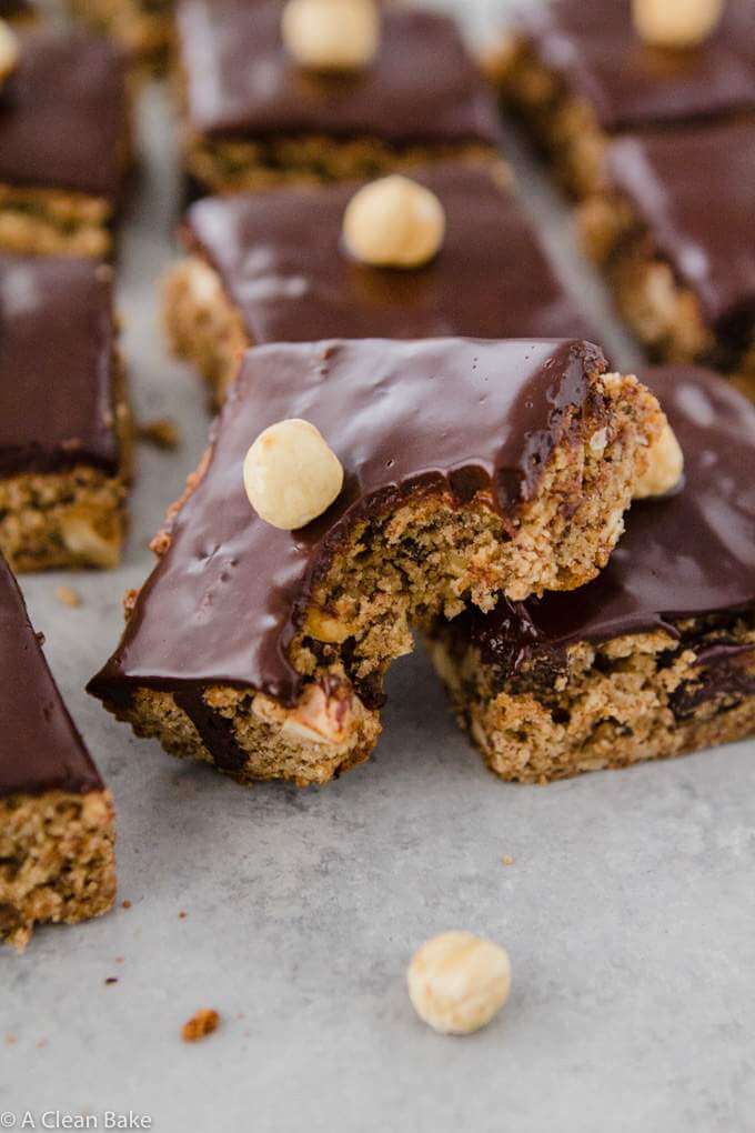 Hazelnut Chocolate Chip Cookie Bars on a grey table