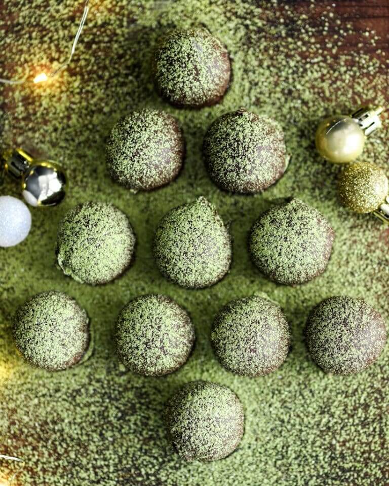 Vegan Matcha Truffles arranged as a Christmas tree