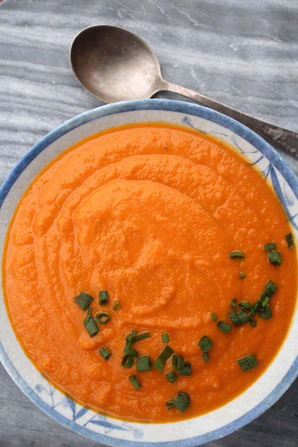 Paleo Instant Pot Carrot Ginger Soup over head shot 