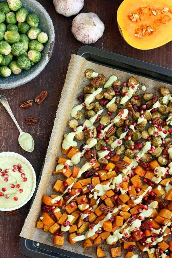 Paleo Roasted Brussels Sprouts and Butternut Squash on a tray