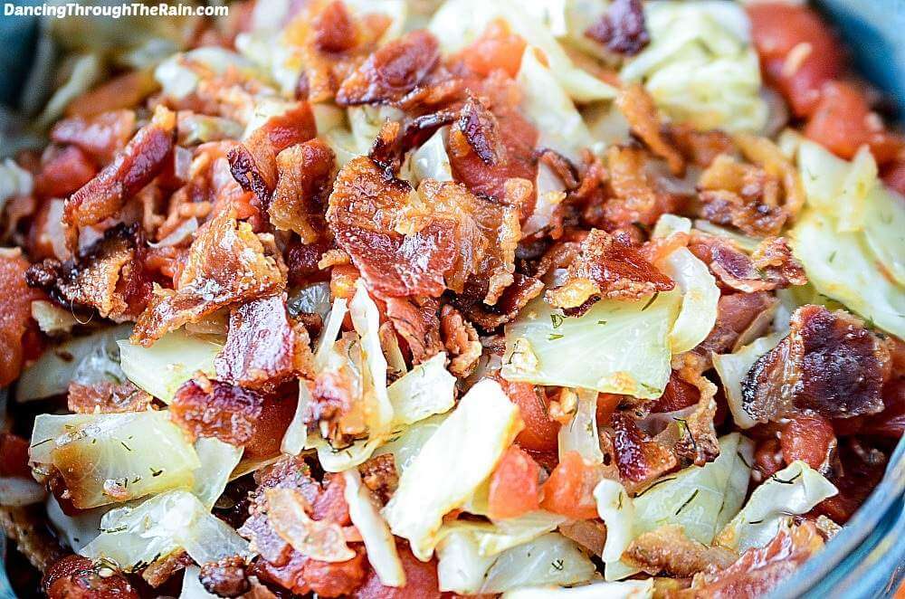 Paleo Tomato Bacon Cabbage Saute - close-up