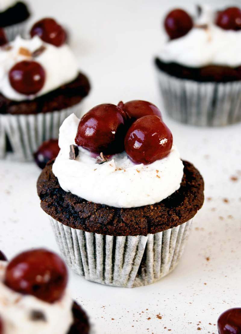 Paleo Black Forest Cupcakes on a white table