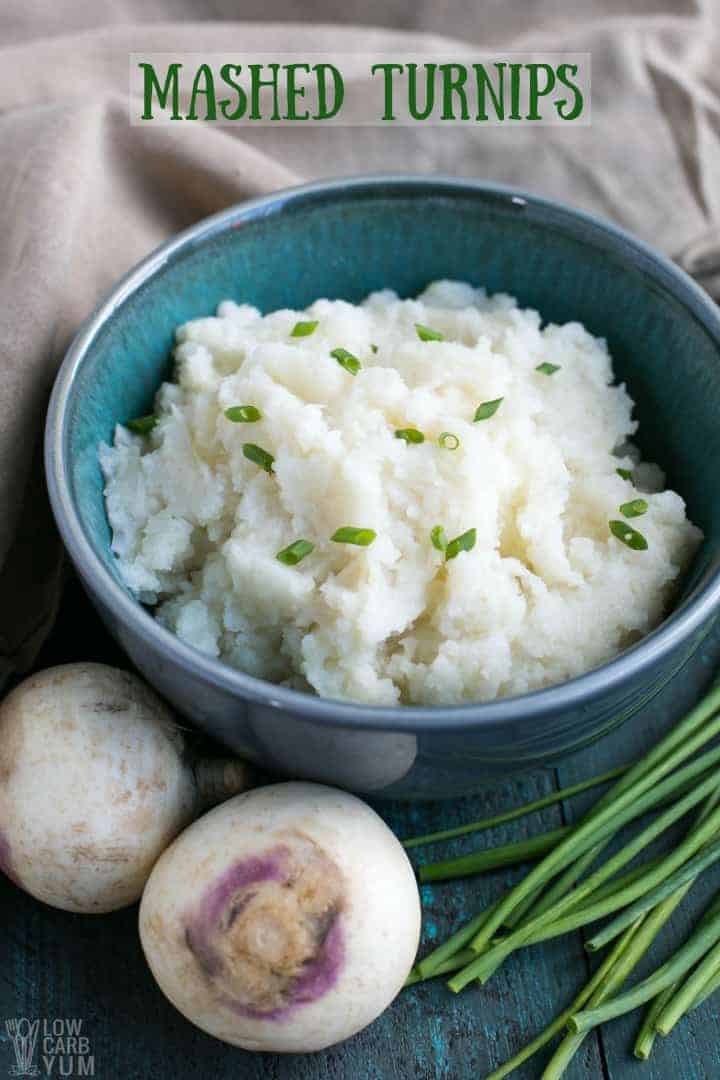 Mashed Turnips sprinkled with chopped chives in a blue bowl