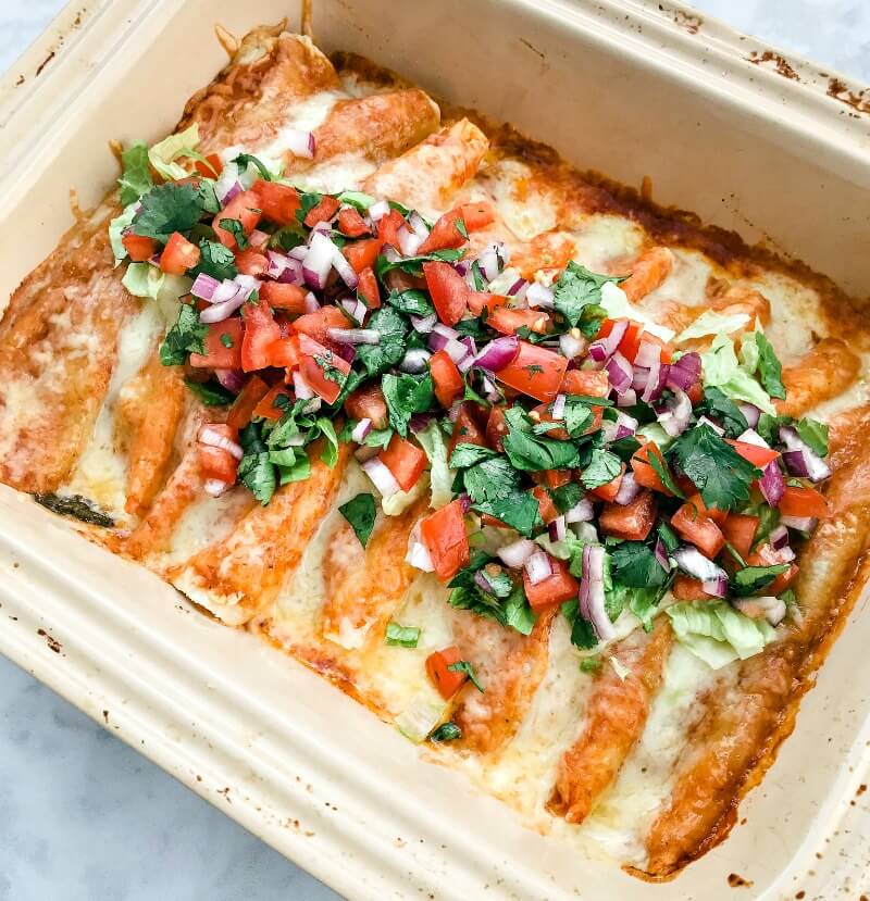 overhead shot of a casserole with gluten-free beef enchiladas