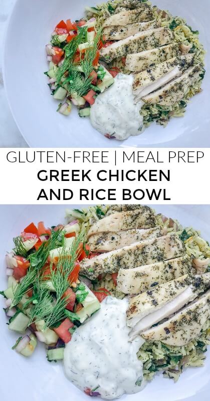 This Greek chicken and rice bowl is gluten-free with a paleo and keto option, easy to throw together and incredibly delicious. It's perfect for dinner or you can meal prep it to have lunch throughout the week! #paleo #bowl #chickendinner #mealprep