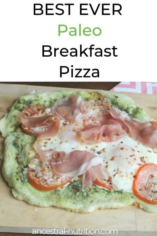 This paleo pizza crust with tapioca flour is the perfect canvas for all your favorite breakfast toppings. Try my version - a paleo breakfast pizza with pesto, prosciutto, and eggs. #paleo #pizza #breakfast #pizzacrust