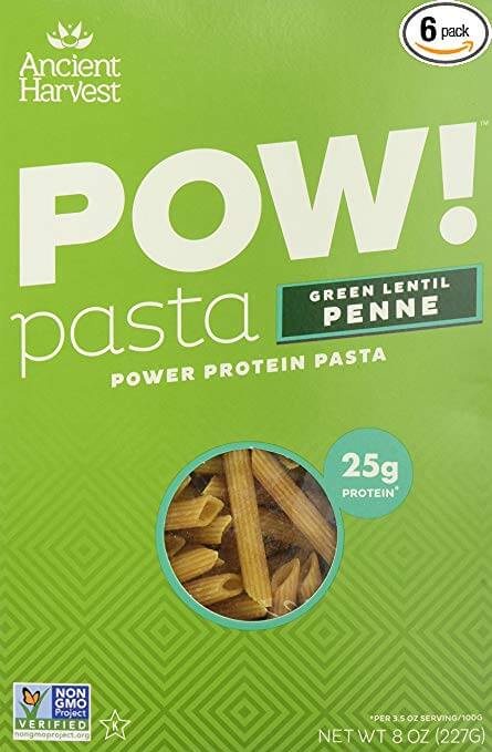 a box of pow gluten-free green lentil penne pasta