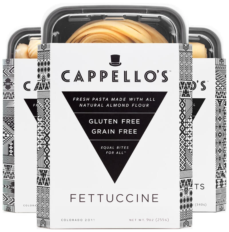 three boxes of differently shaped gluten-free almond flour pastas by cappellos