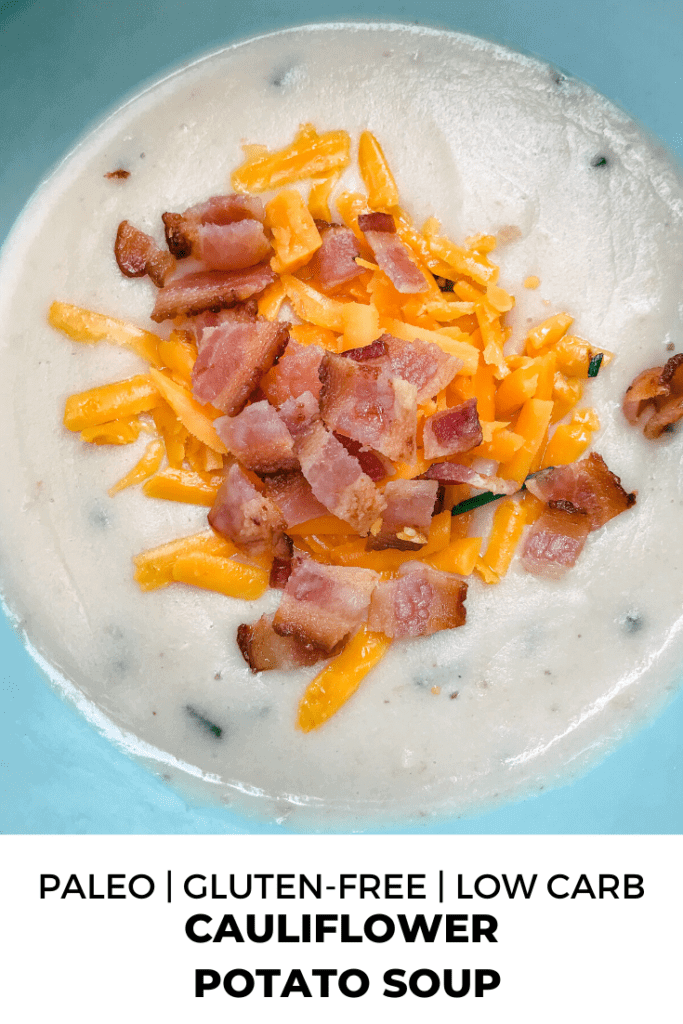 This easy creamy cauliflower potato soup recipe  is paleo, gluten-free, dairy-free and insanely delicious! It can easily be made low carb and even keto! Top it with bacon, chives or whatever you feel like for a loaded baked potato soup! #paleorecipes #paleosoup #keto #lowcarb #cauliflowersoup