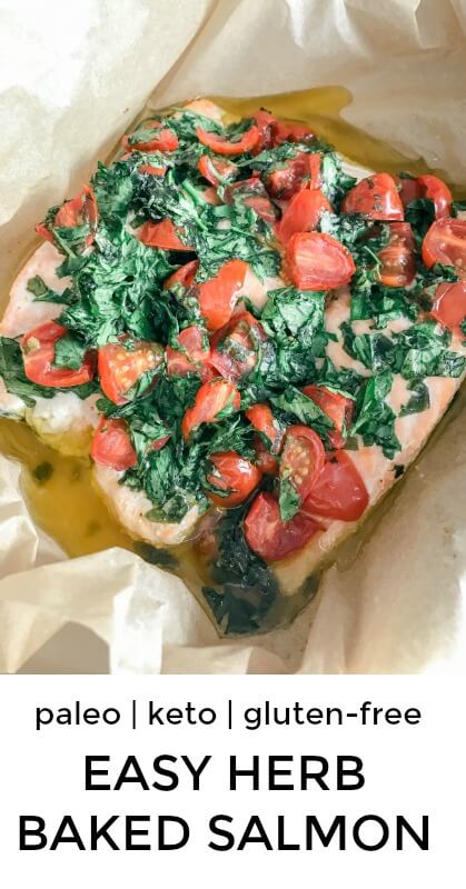 For an easy, healthy and delicious paleo dinner, look no further than this Oven Baked Salmon recipe. Salmon fillets are wrapped in parchment paper and baked to perfection along with fresh herbs and tomatoes! The moistest and juiciest piece of salmon you will ever try! Gluten-free & Keto - approved!  #lowcarb #keto #paleo #salmonrecipes #bakedsalmon
