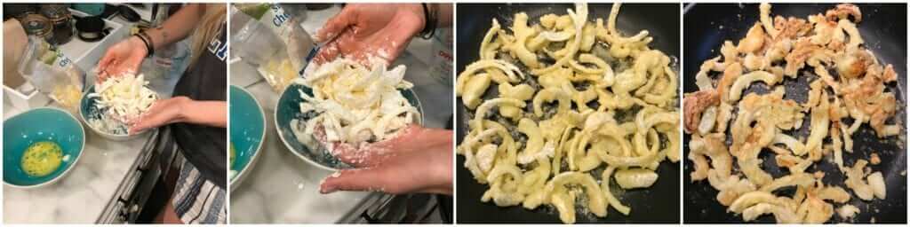 picture collage demonstrating how to make healthy gluten-free crispy onion topping for a healthy green bean casserole recipe