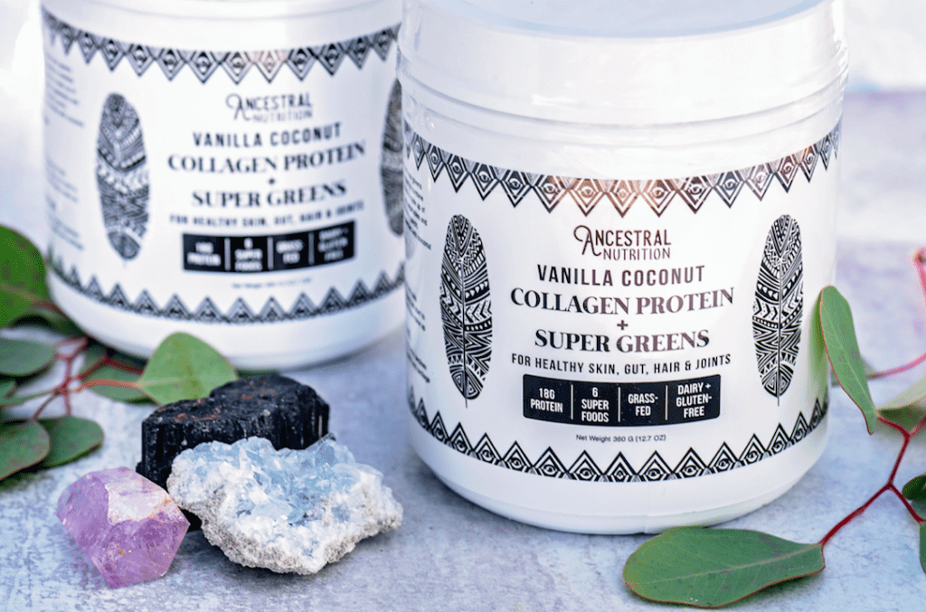 two tubs of Ancestral Nutrition Collagen Protein + Super Greens Powder for Stretch Mark Prevention 