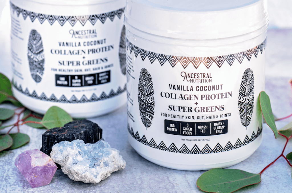 two tubs of Ancestral Nutrition collagen protein powder for healthy skin and hair 