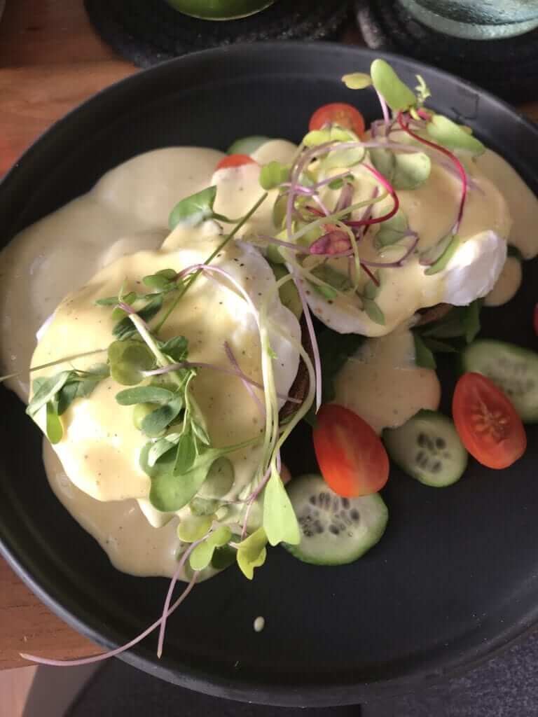 overhead shot of healthy eggs benedict served at the Real Coconut in Tulum 