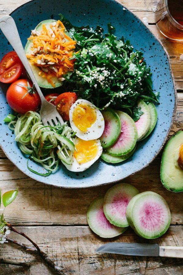 overhead shot of a plate loaded with healthy food like eggs avocado and spinach