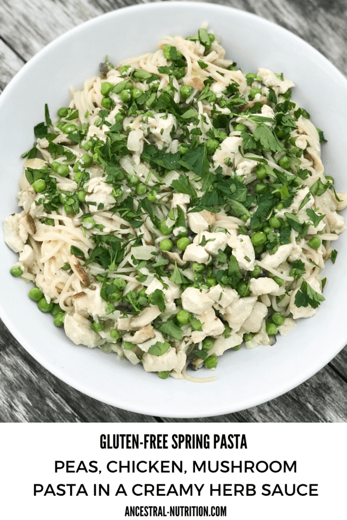 This easy gluten-free pea, chicken and mushroom pasta is the perfect springtime dinner! Bursting with healthy fresh spring produce and herbs, it's creamy and delicious. #pastarecipes #glutenfreerecipes #springrecipes #healthyrecipes #cleaneating 