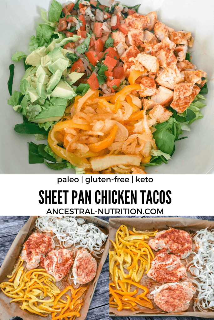 Easy to assemble and quick to clean up, this healthy Paleo & Keto Mexican Sheet Pan Chicken Tacos recipe will become your family's new favorite. #sheetpandinner #sheetpanchicken #chickentacos #paleo #ketorecipes 