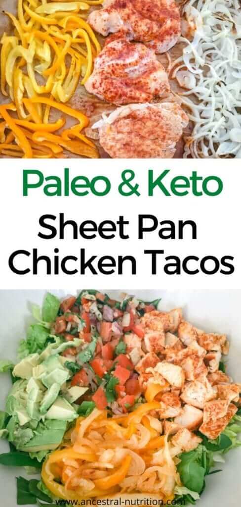 Easy to assemble and quick to clean up, this healthy Paleo & Keto Mexican Sheet Pan Chicken Tacos recipe will become your family's new favorite. #sheetpandinner #sheetpanchicken #chickentacos #paleo #ketorecipes 