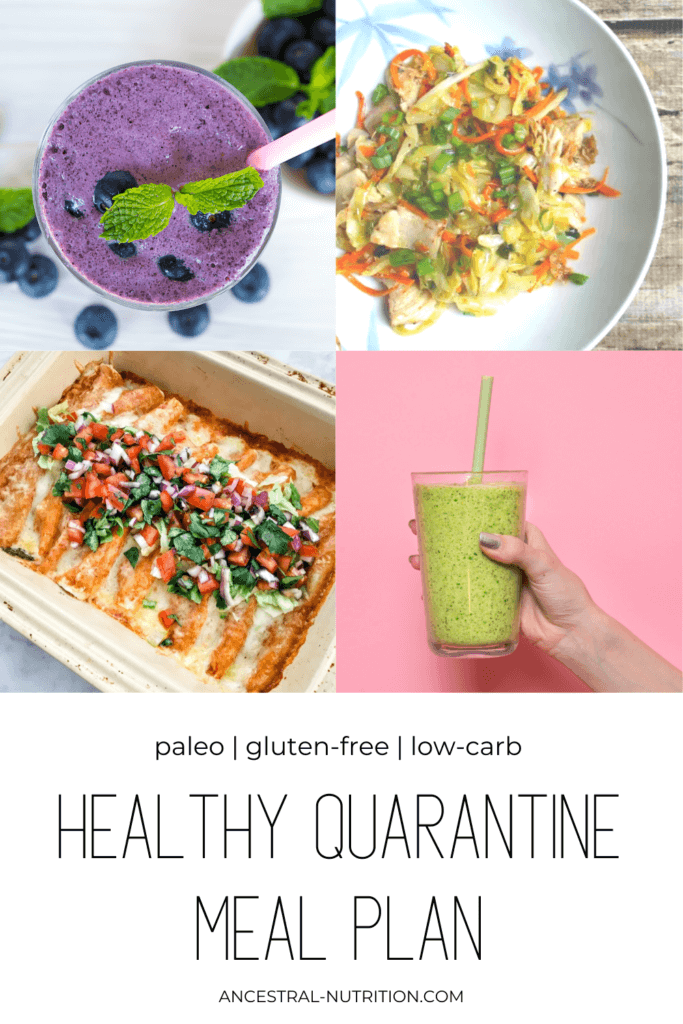 This quarantine is the perfect time to stay home, cook healthy meals and boost your immune system with nutritious food! Start with this healthy quarantine meal plan with recipe ideas for breakfast, lunch and dinner - all family friendly, low-carb, gluten-free and paleo #mealplan #diet #nutrition #quarantine #mealprep