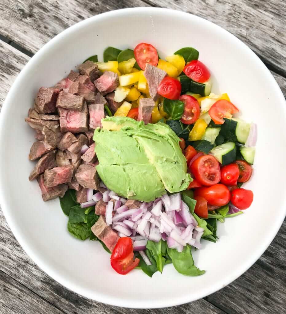 overhead shot of a healthy steak salad as an example for a low carb quarantine meal 