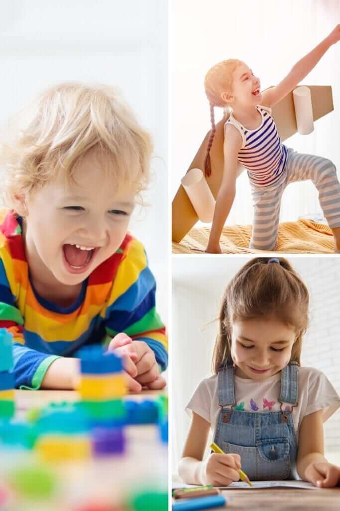 a picture collage of different indoor activities to do with quarantined kids