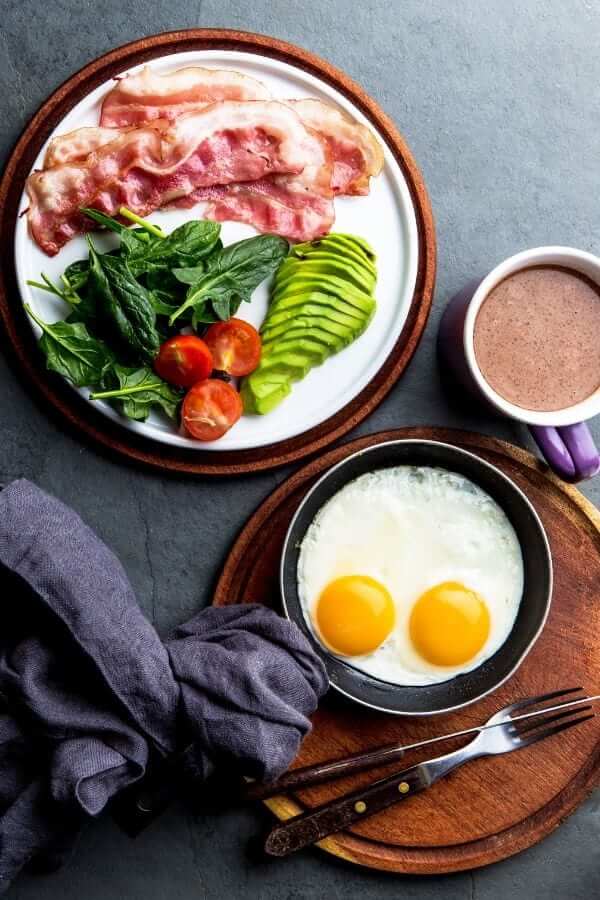 overhead shot of a healthy breakfast of bacon and avocado 